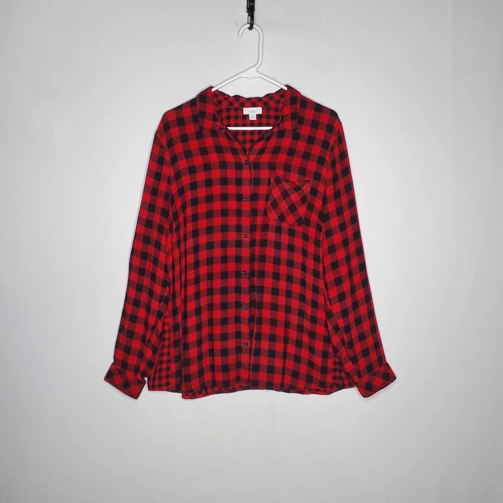 J Jill Gingham Plaid Button Collar Shirt Women Red Black Country Cowgirl Fall